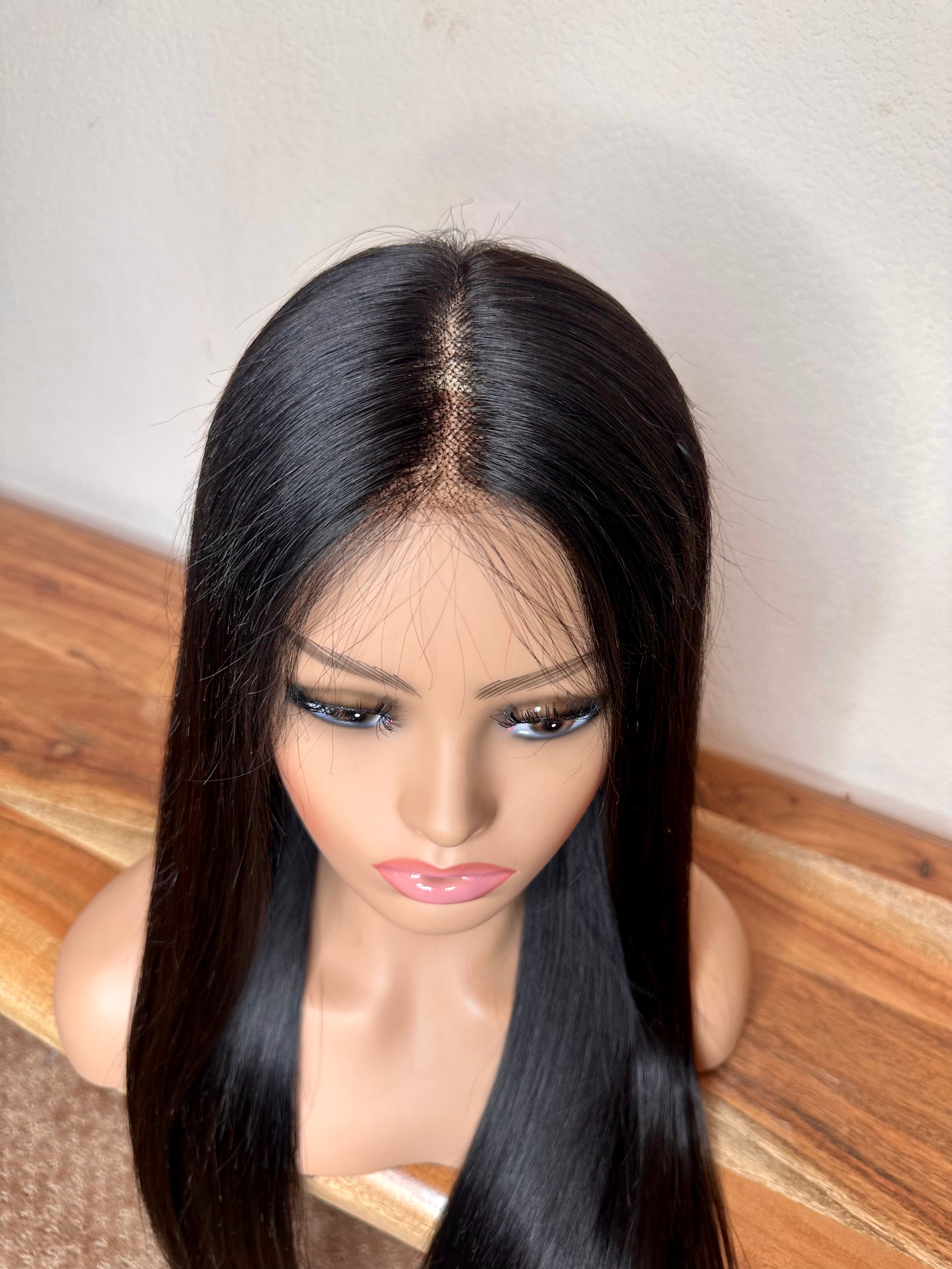 Virgin human hair Brazilian 27 inch long straight middle part glue less wig