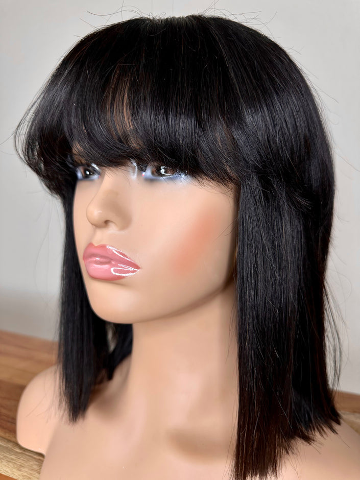 Virgin human hair Bob  wig with bangs 10 inch straight natural black color