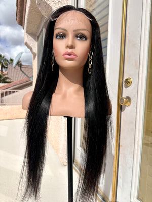 Brazilian virgin human hair 27 inch long glue less wig middle part straight