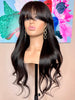 Virgin human hair wig 26 inch long wavy with bangs layered