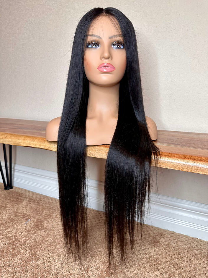 Virgin human hair Brazilian 27 inch long straight middle part glue less wig