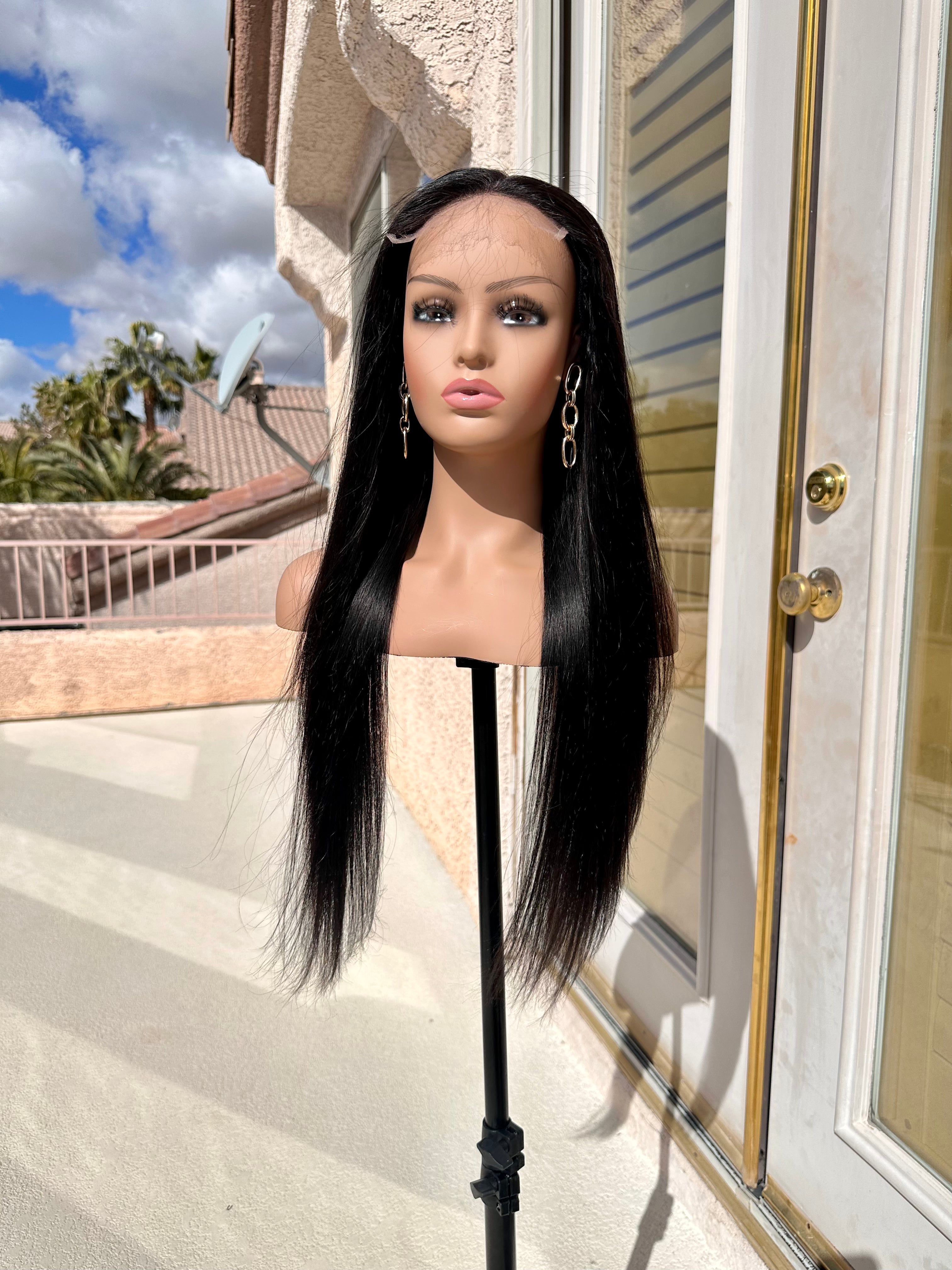 Brazilian virgin human hair 27 inch long glue less wig middle part straight