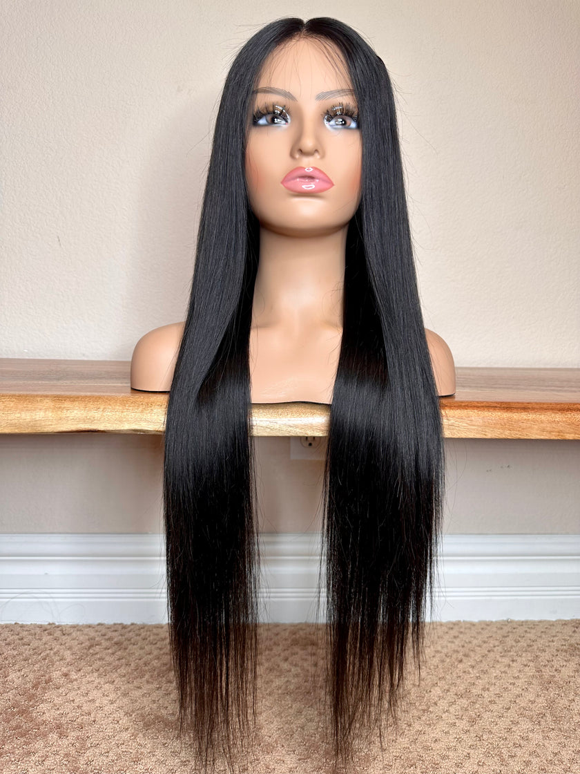 Virgin human hair Brazilian 27 inch long straight middle part glue less wig