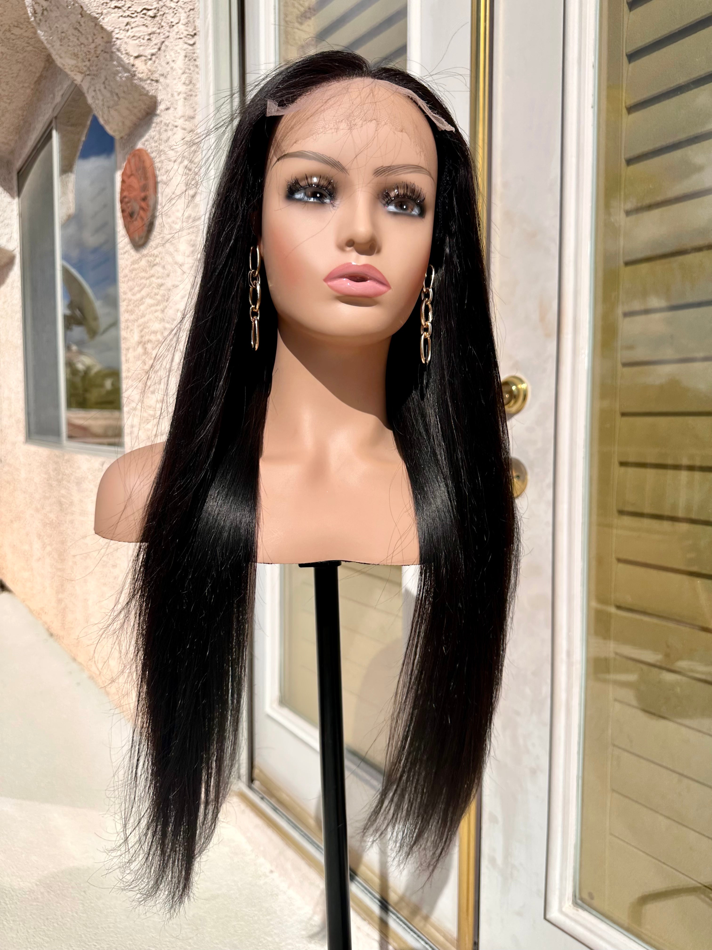 Brazilian virgin human hair 27 inch long glue less wig middle part straight