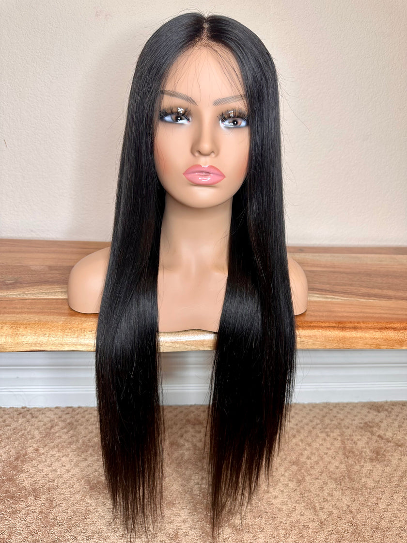 Virgin human hair Brazilian 27 inch long straight middle part glue less wig